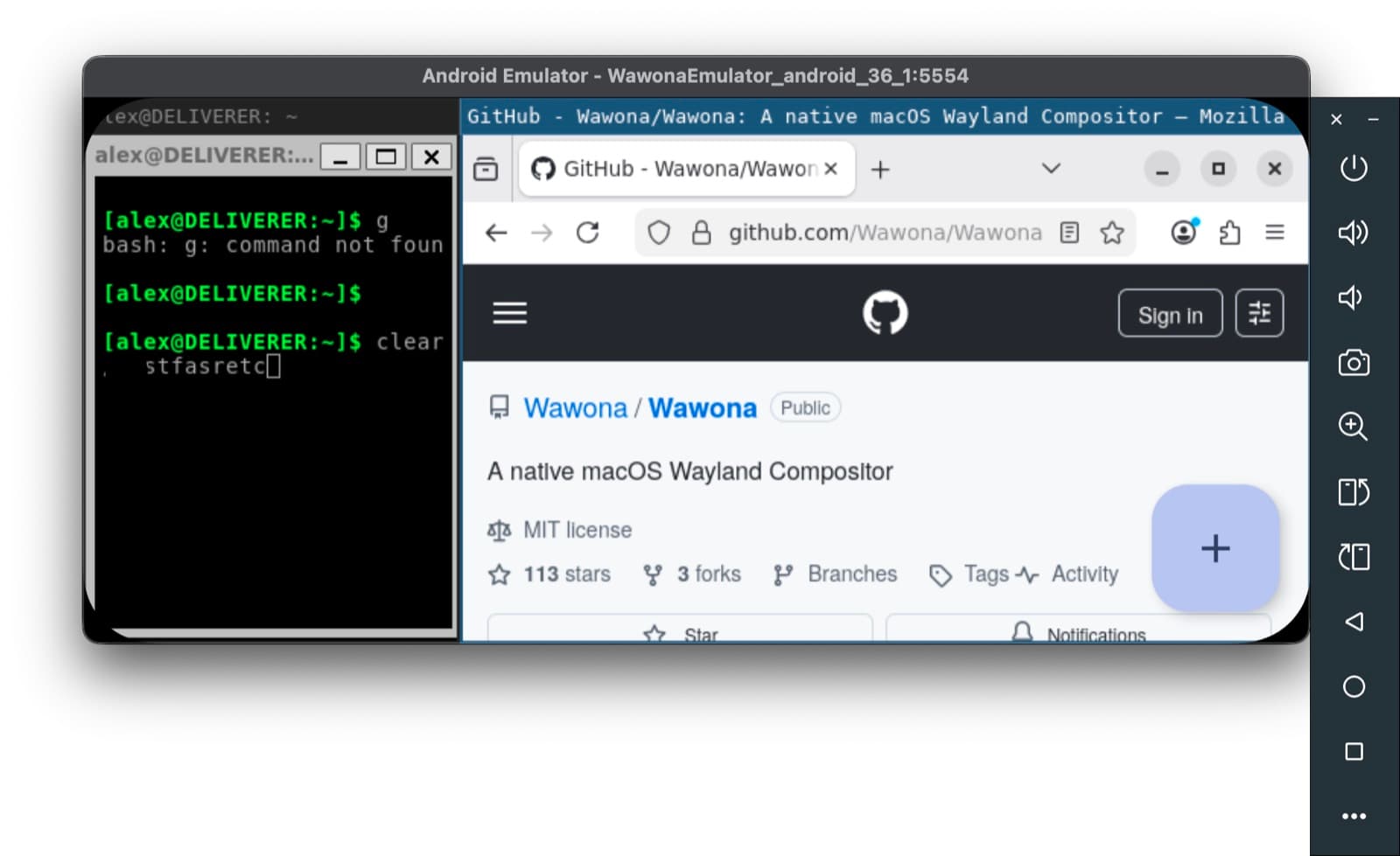 Wawona running sway in landscape on Android