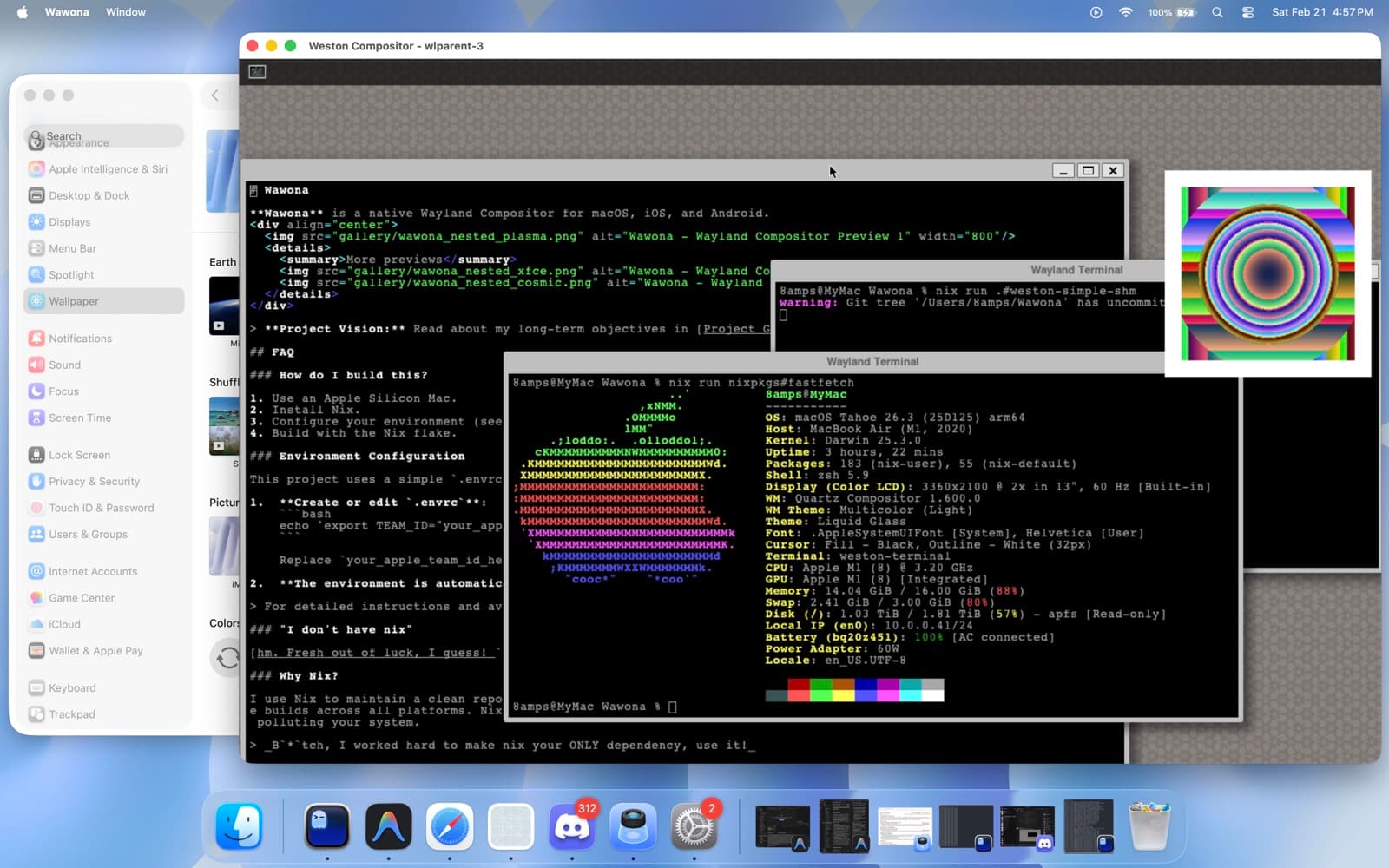 Wawona running Weston Wayland compositor natively on macOS