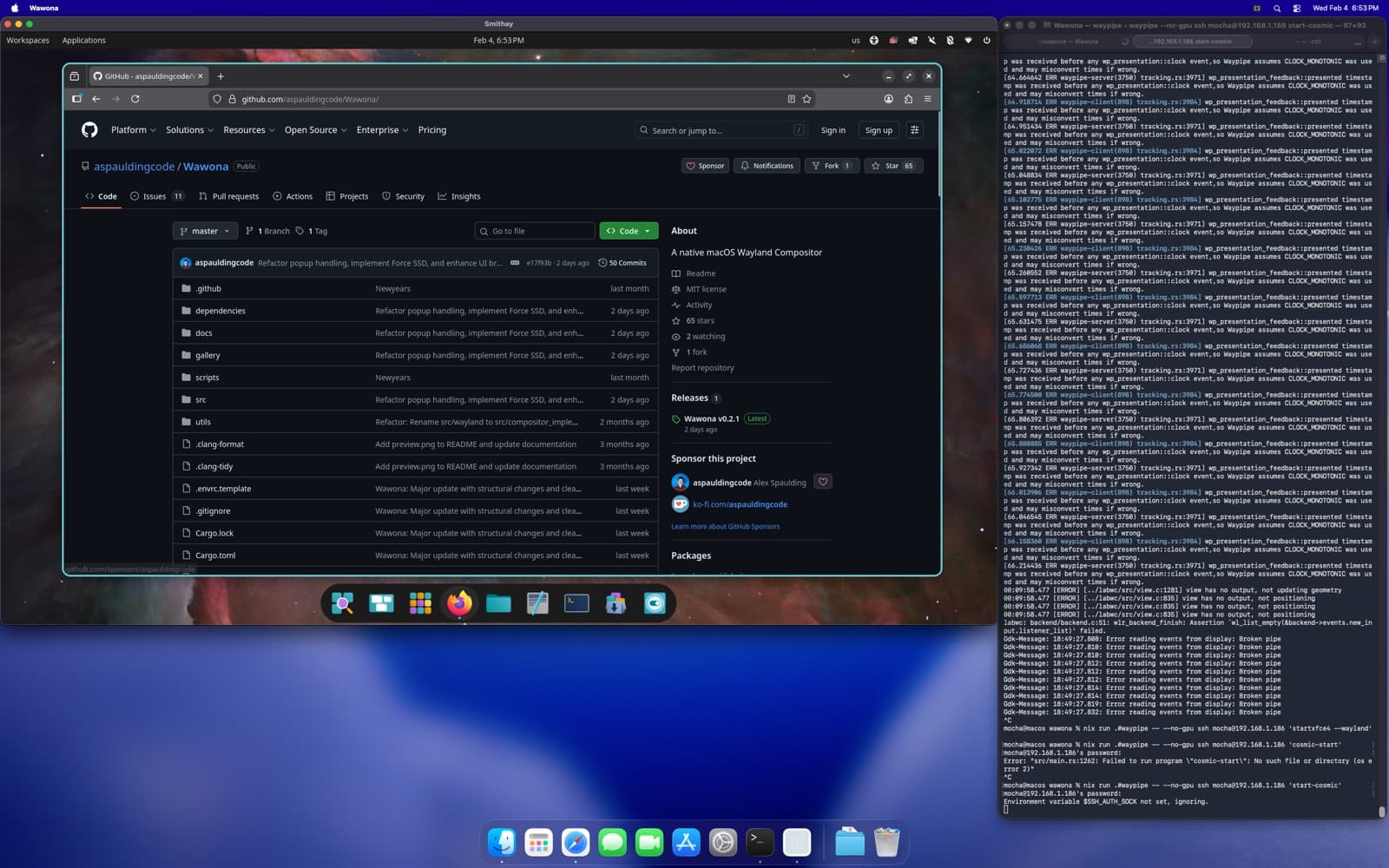 Wawona nesting a COSMIC Linux desktop session on macOS