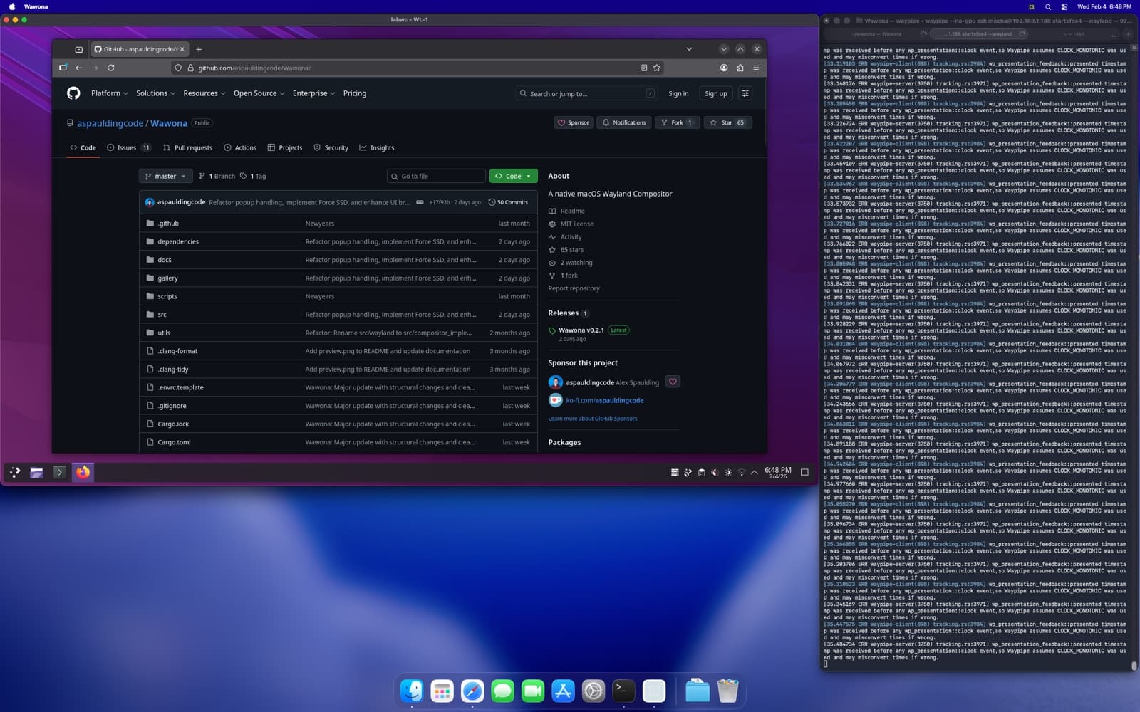 Wawona nesting a KDE Plasma Linux desktop session on macOS