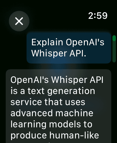 Whisperer chat conversation UI in green theme on Apple Watch