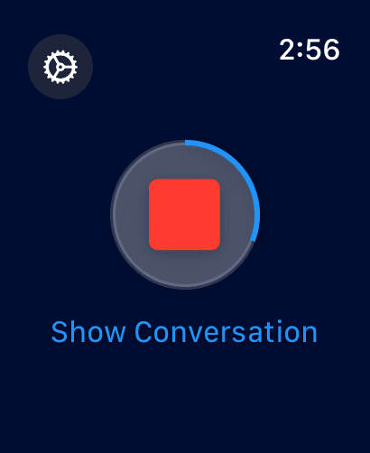 Whisperer voice prompt listen screen in blue theme on Apple Watch