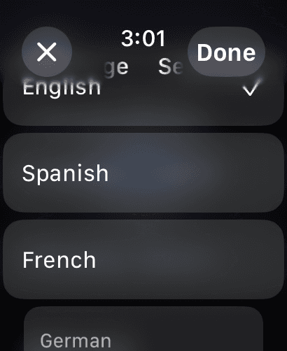 Whisperer language selection screen on Apple Watch
