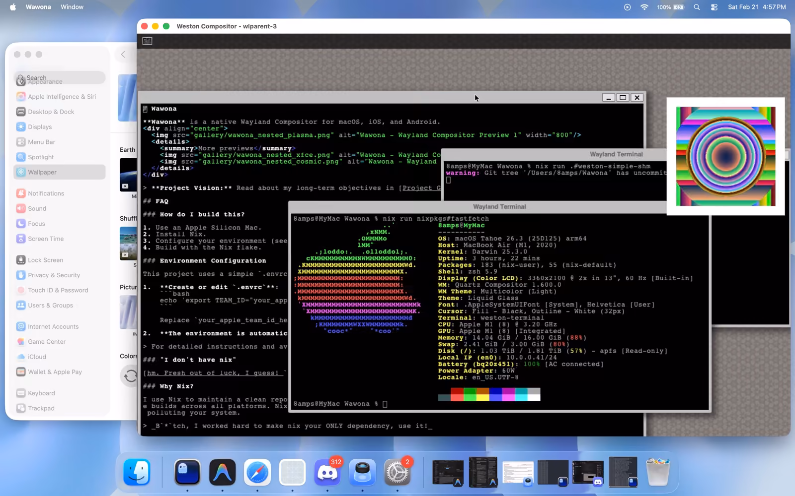 Wawona running Weston Wayland compositor natively on macOS
