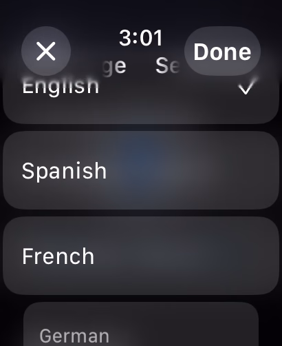 Whisperer language selection screen on Apple Watch