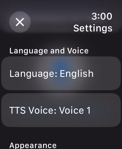 Whisperer text-to-speech language selection on Apple Watch